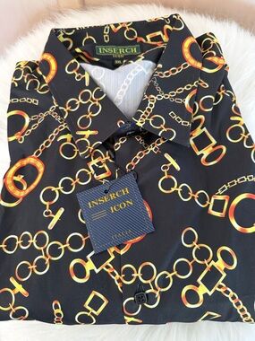 Inserch Black Button-Down Men’s 3XL Shirt with Gold Chain Print
